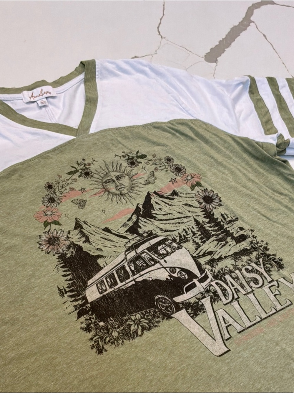 Anneliese 2X Daisy Valley Graphic V-Neck Tee in Olive White Volkswagen Bus Retro